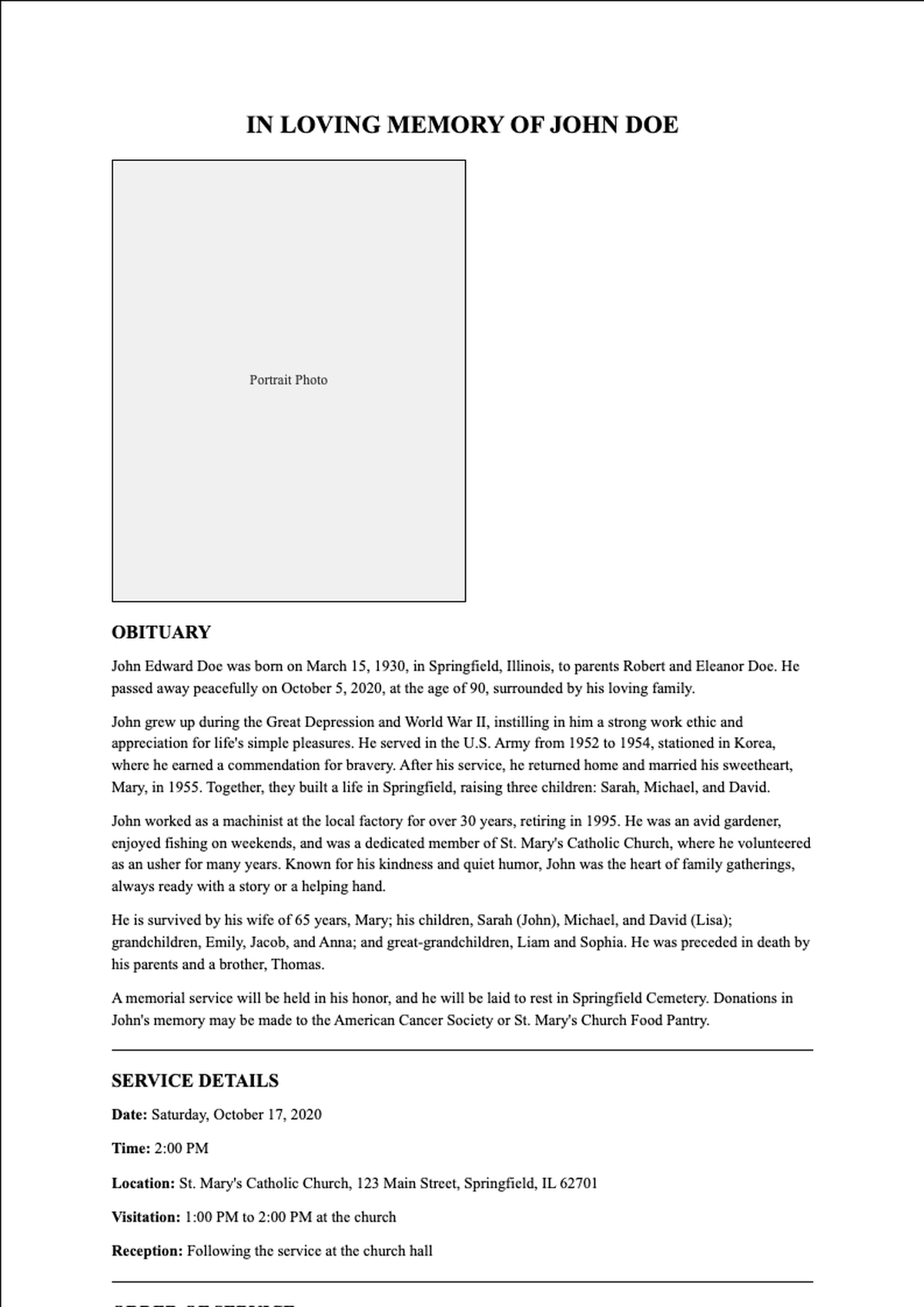 Formal obituary and order of service template with photo and placeholder text_variant_1